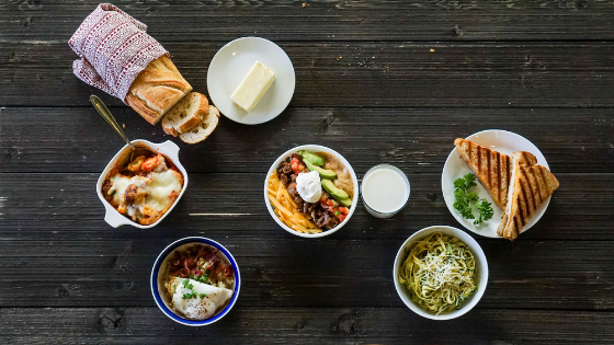 Five dinner entrees flatlay